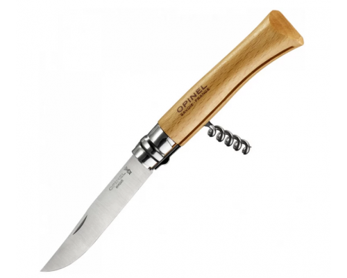 Нож OPINEL №10, нержавеющая сталь, рукоять из бука, со штопором